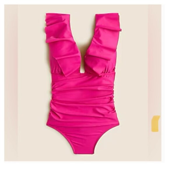 J. Crew Other - J. Crew Ruched Ruffle One-Piece Swimsuit Fuchsia Pink Vneck NEW Re-imagined